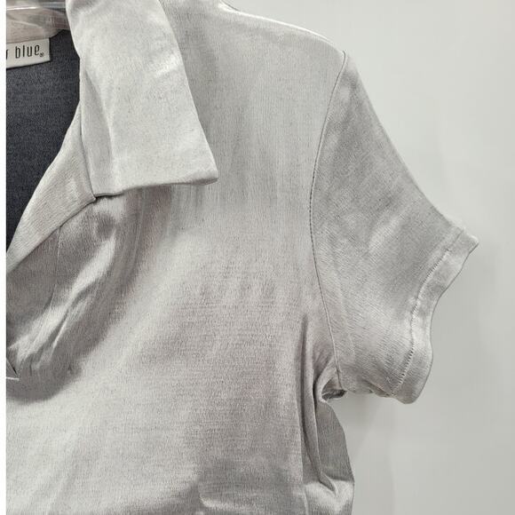 Anchor‎ Blue Shimmery Gray Stretchy Short Sleeve Blouse Top Cybercore - Picture 8 of 9